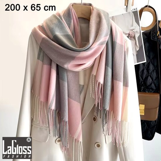 LaGloss® Écharpe de Luxe en Cachemire Rose avec Franges – Écharpe Douce et Chaude 200x65 cm %%