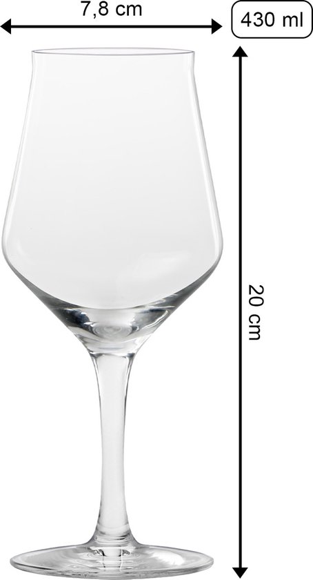 Een leeg, helder glas met een brede kelk en hoge steel, 20 cm hoog, 7,8 cm breed, 430 ml.