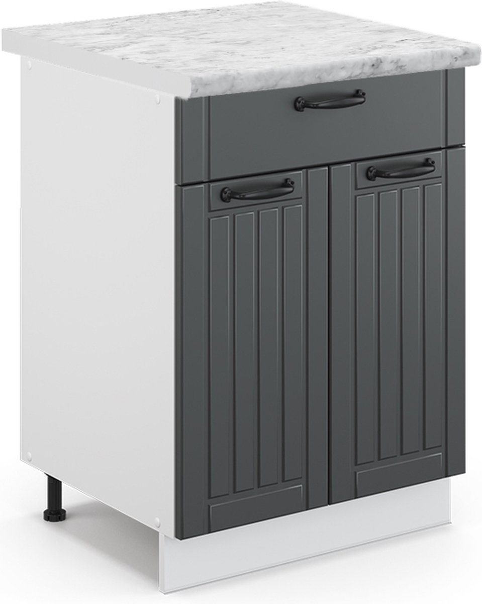 Vicco Fame-Line Keukenonderkast – 60 cm met lade, WB Marmer Antraciet landhuis Donkergrijs/Wit