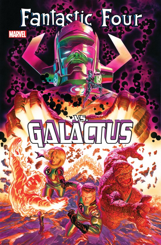 Fantastic Four versus Galactus stripboek cover. De Fantastic Four vechten tegen Galactus, die op een troon zit.