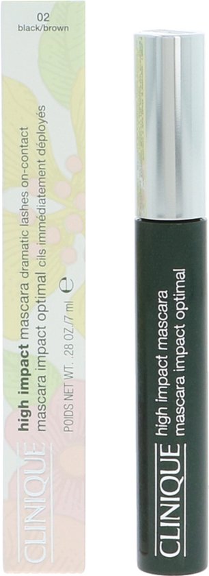 Clinique High Impact Mascara 02 zwart/bruin, met gedetailleerde kartonnen verpakking.