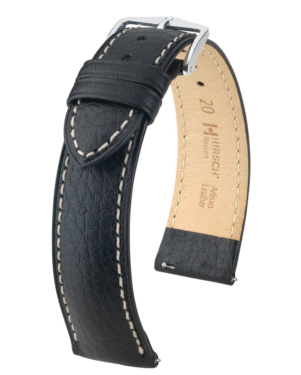 HIRSCH Boston Horlogebandje - buffelkalfsleer, 22 mm Breedte bevestiging, zwart - glanzend zilver Sluit, past op Garmin, Xiaomi Watch, Huawei Watch, Polar