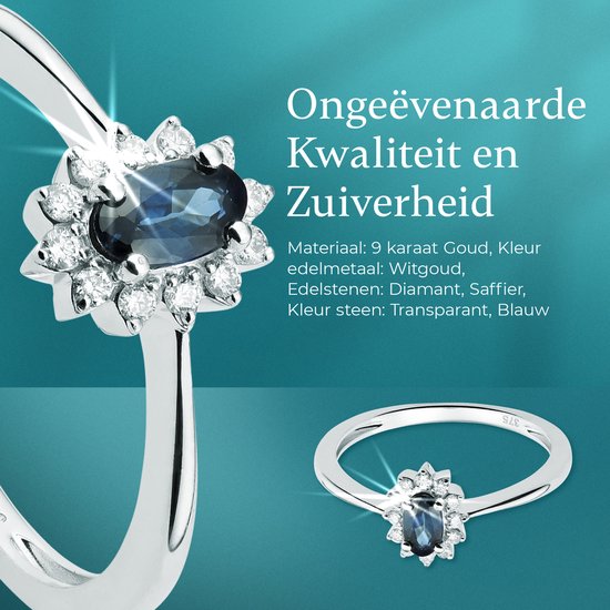 Zilverkleurige ring met een ovale blauwe saffier en een halo van diamanten, 9 karaat goud.