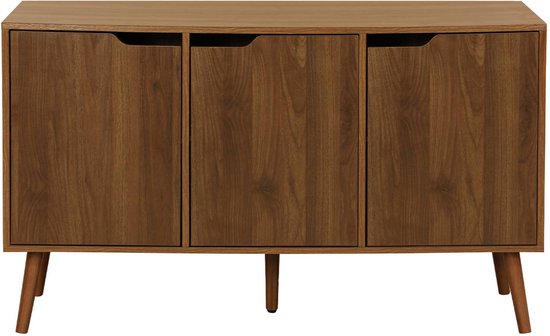 Dressoir van houtdecor met drie dichte deuren en slanke poten.