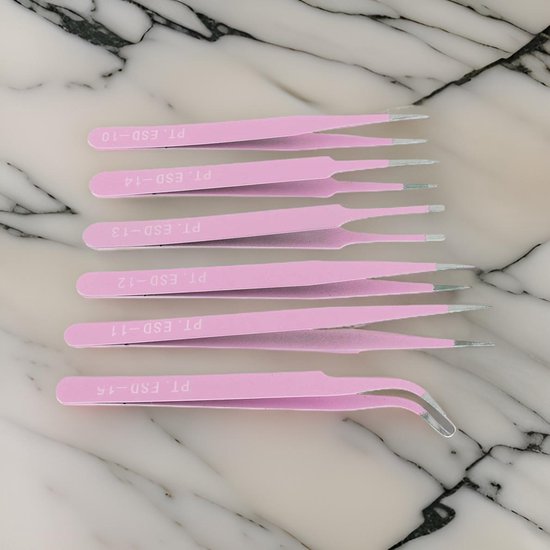 Foto: 6 stuks pincet set rvs precisie voor hobby sieraden laboratorium roze verschillende pincetten hobby sieraden en laboratorium handig en duurzaam