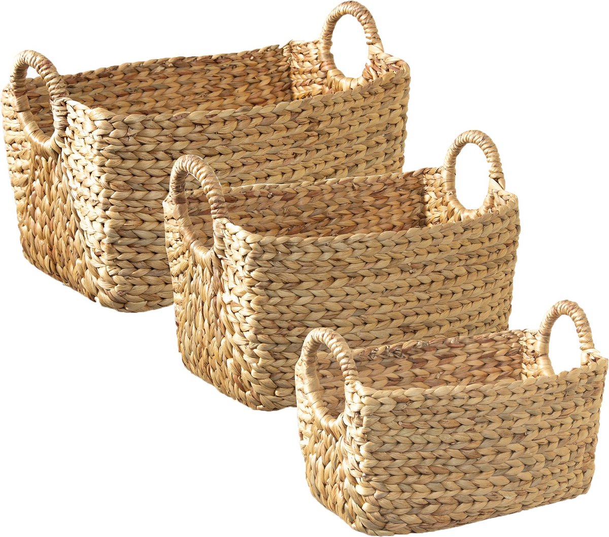 CALICOSY - Set van 3 waterhyacint manden met handgrepen en metalen frame 46x27x27cm