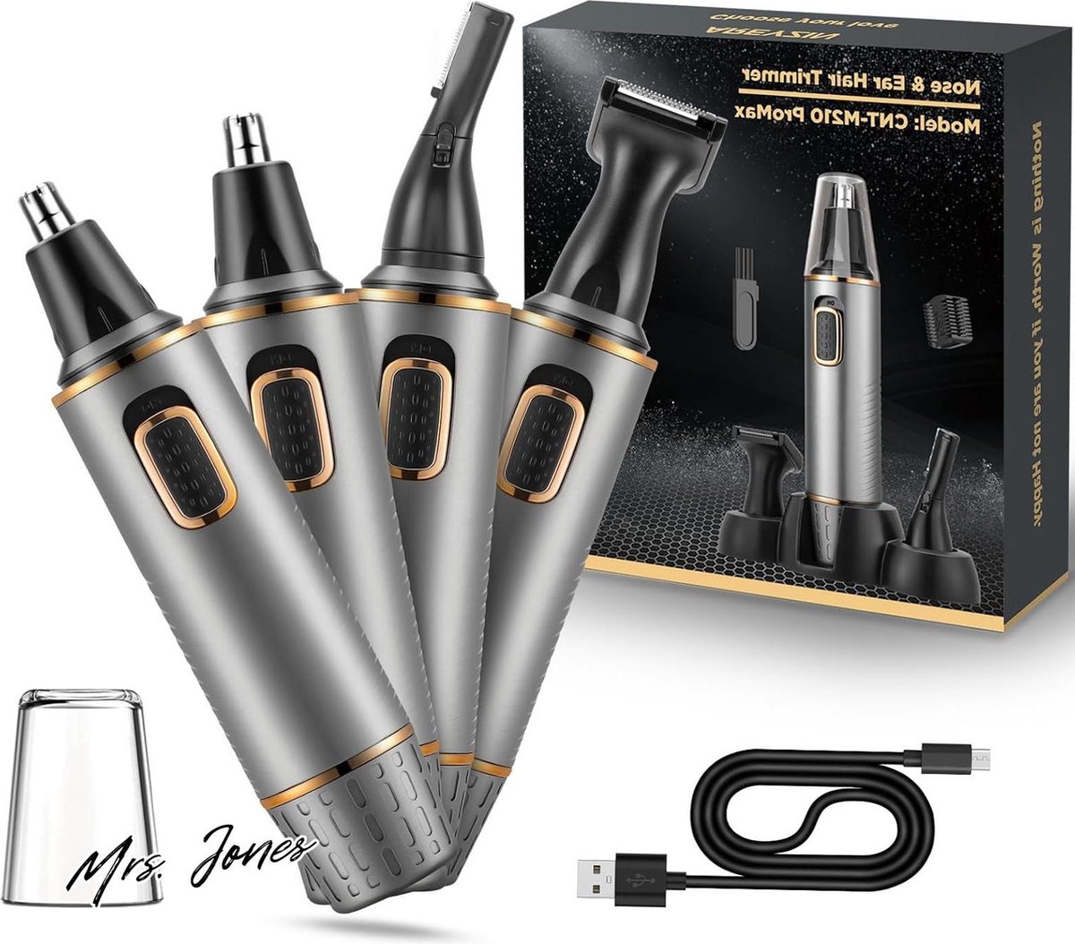Mrs. Jones Neushaartrimmer Mannen USB Oplaadbaar IPX7 Waterdicht Dubbele Bladen Grijs Goud Gemakkelijk Schoonmaken .