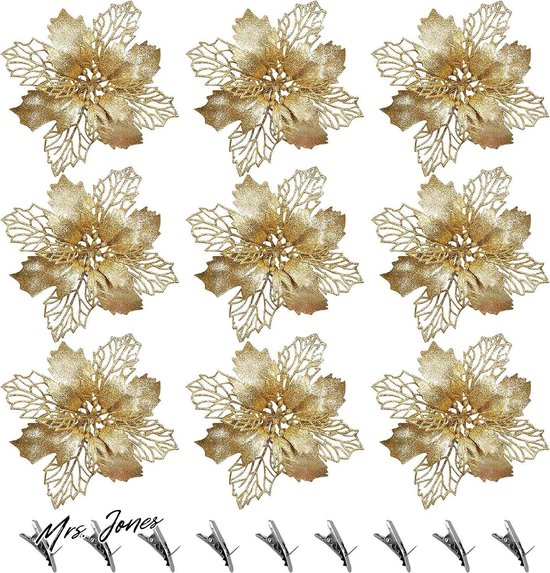 1x stuks decoratie bloemen kerstster champagne glitter op clip 18 cm bestellen