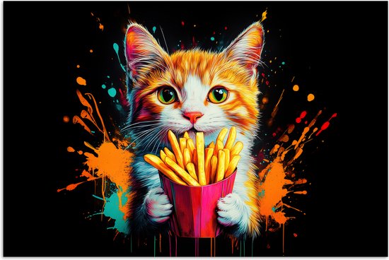 Poster 30x20 cm - Kat - Eten - Patat - Graffiti - Abstract - Posters - Wanddecoratie keuken - Muurdecoratie woonkamer - Decoratieve accessoires - Kamer muur decoratie