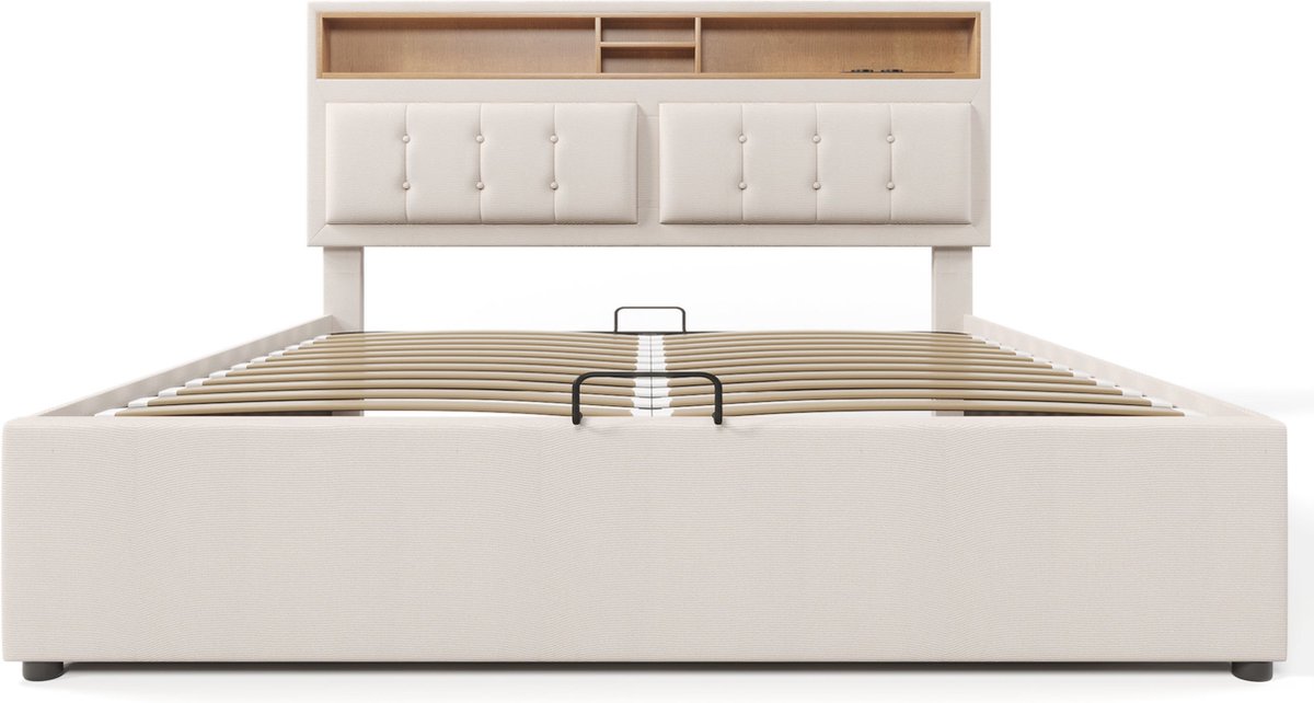 Merax Bed 160x200 met Matras – Tweepersoonsbed met USB-C en Opbergruimte – Beige