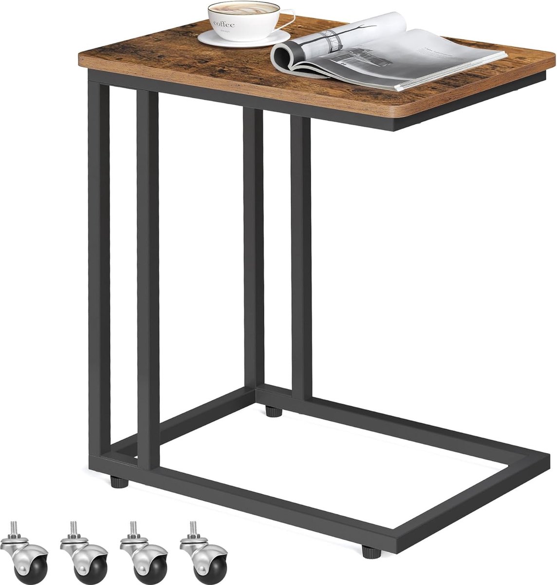 FurnStar - Bijzettafel - Banktafel met Wieltjes - C-Vorm - Mobiele Koffietafel - 35 x 50 x 60 cm - Woonkamertafel met Metalen Frame - Voor Koffie en Laptop - Industrieel Design - Vintage