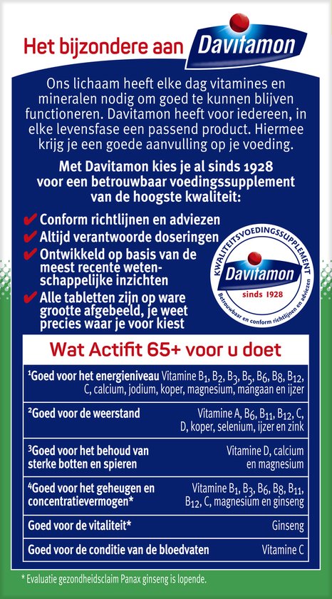 Achterkant van Davitamon Actifit 65+ verpakking, met productinformatie.