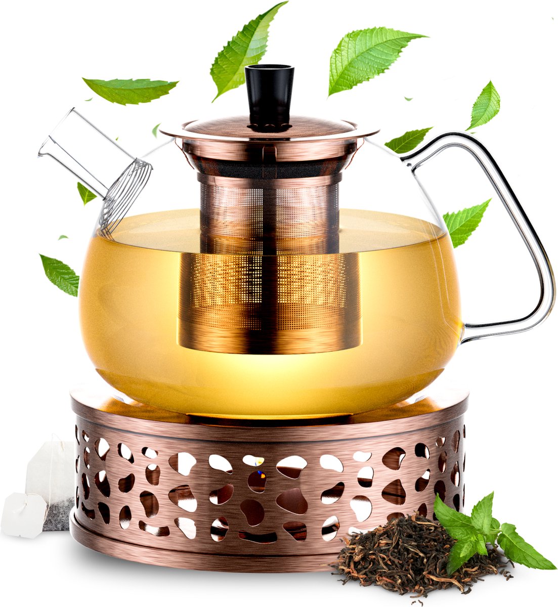 Bol.com Élithé Glazen Theepot met Filter en Warmhouder - Theekan - Theepot Glas - Teapot - Tea Maker - 1 Liter - Brons - Moederdag aanbieding