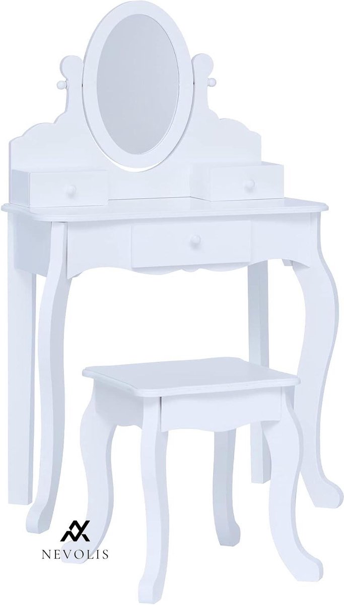 Nevolis Wooden Dressing Table Children - Table and Chair Set - White - Kids Furniture - Playroom Accessory .