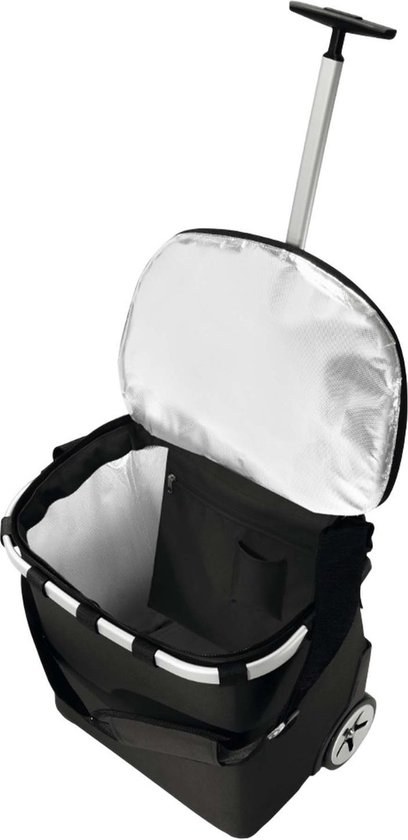 Zwarte boodschappentrolley met aluminium binnenvoering, uittrekbare handgreep en wielen.