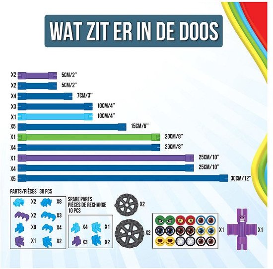 Wat zit er in de doos: Gekleurde buizen, verbindingsstukken, wielen en een paars figuur.