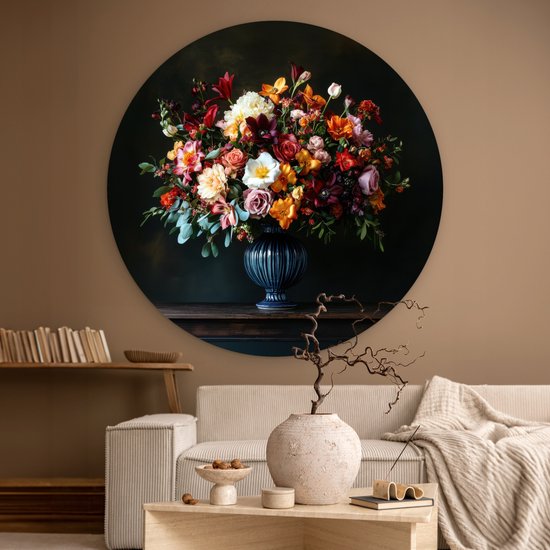 WallCircle® Wandcirkel 140x140 cm - Muurcirkel Groot - Bloemen - Vaas - Boeket - Muurdecoratie woonkamer - Wanddecoratie slaapkamer - Kamer decoratie accessoires - Ronde schilderijen