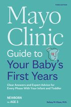 Boek "Mayo Clinic Guide to Your Baby's First Years, Third Edition". Turquoise kaft met witte en paarse tekst. "Mayo Clinic Guide to Your Baby's First Years" in grote witte letters.