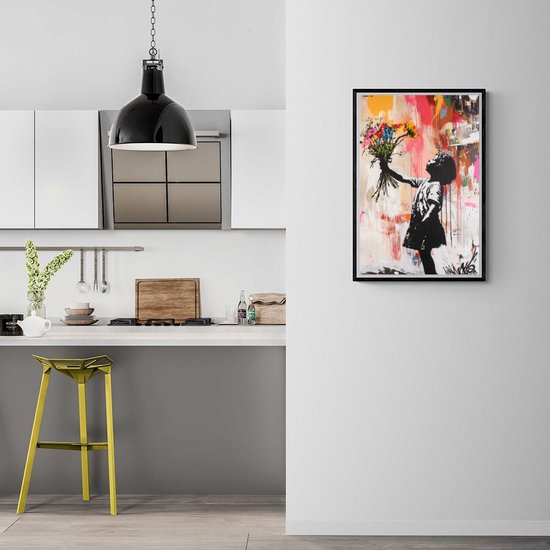 Affiche de graffitis | Banksy Poster | Fille Affiche | Affiche Fleurs | Affiche Art de rue | Affiche artistique | Affiche moderne | Affiche emblématique | 61x91cm | PVD | Décoration murale | Affiche murale | Convient pour l'encadrement
