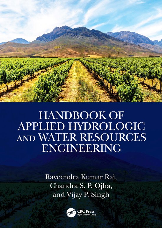 Boekomslag voor "Handbook of Applied Hydrologic and Water Resources Engineering" met wijngaarden en bergen.