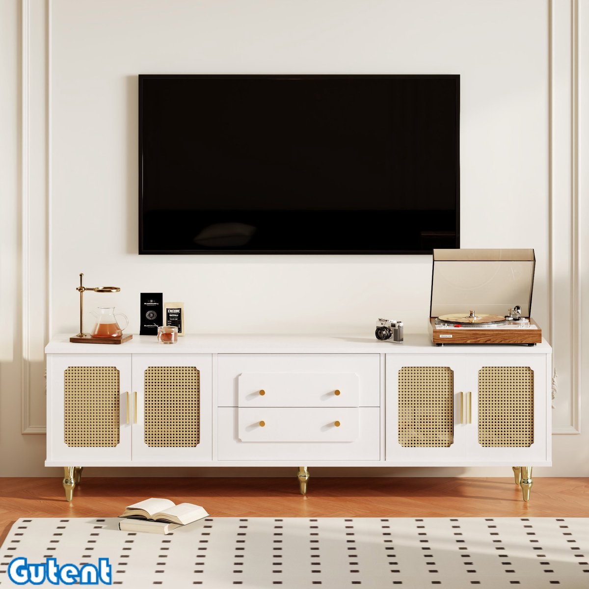 Gutent TV-meubel - Vintage Stijl - Gouden Handgrepen - Met Rotan Deur - Metalen Voeten - Wit
