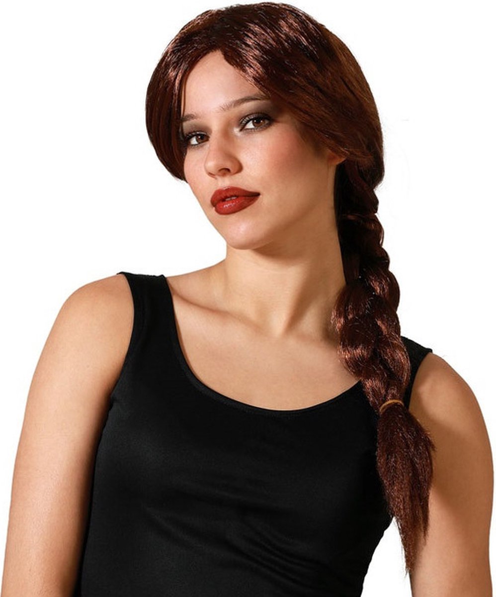 Atosa Verkleedpruik Lara Dames - Bruin - Met lange vlecht/staart - lang haar - Beroemdheid - carnaval