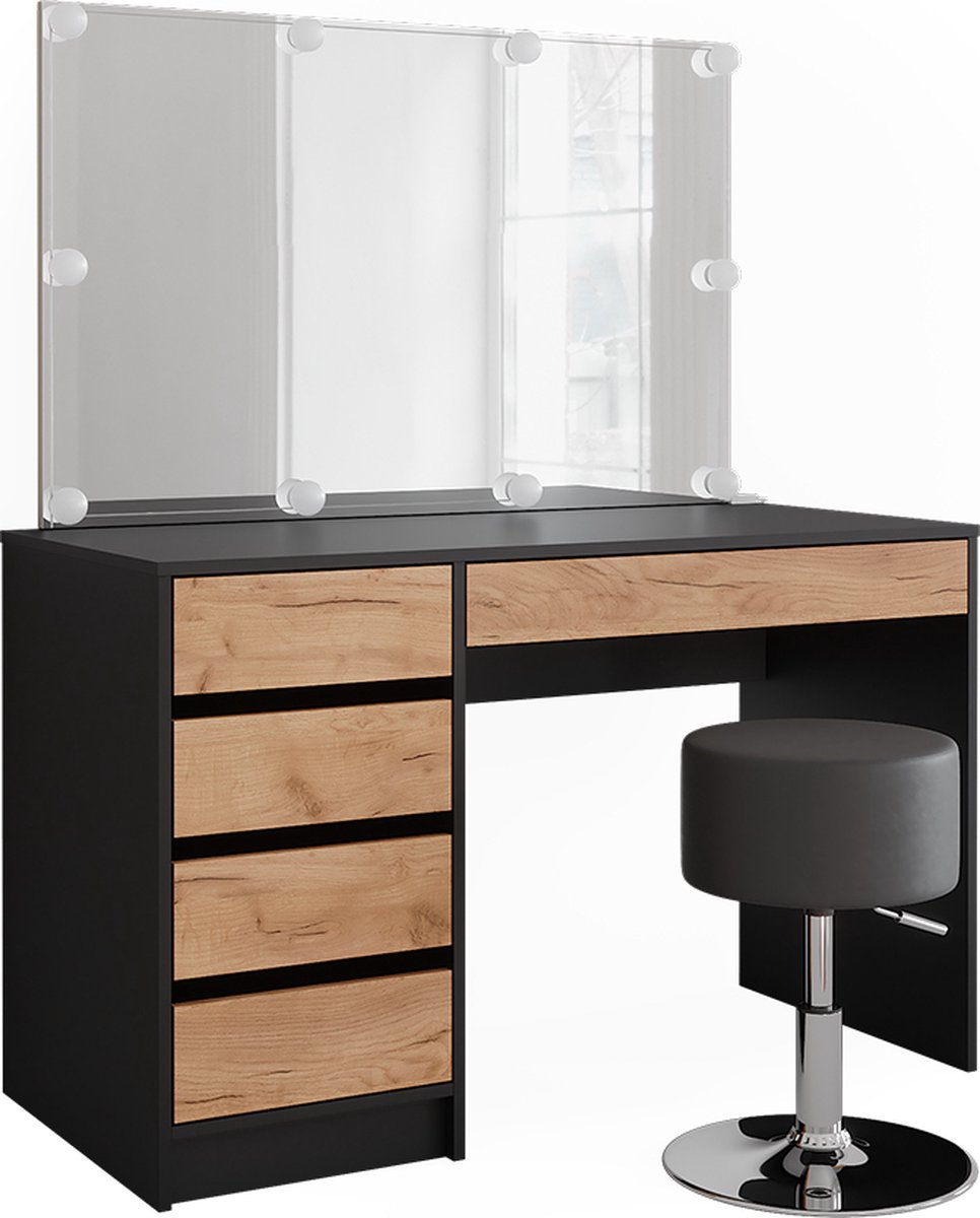 Vicco Sherry Kaptafel – 120 x 75 cm met LED-verlichting en kruk Antraciet/gouden eik