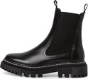 Zwarte leren chelsea laars met dikke zool, witte stiksels en lusjes.