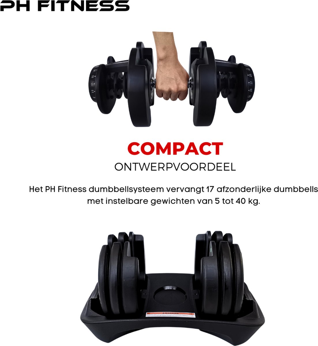 PH Fitness Verstelbare Dumbbells Set 40KG - 2 STUKS - Verstelbare Smart Dumbbells - Halterset voor Home Gym - Adjustable Dumbells van 5kg tot 40 kg - Complete Gewichten Set van 17 Dumbbells in één! – foto 2