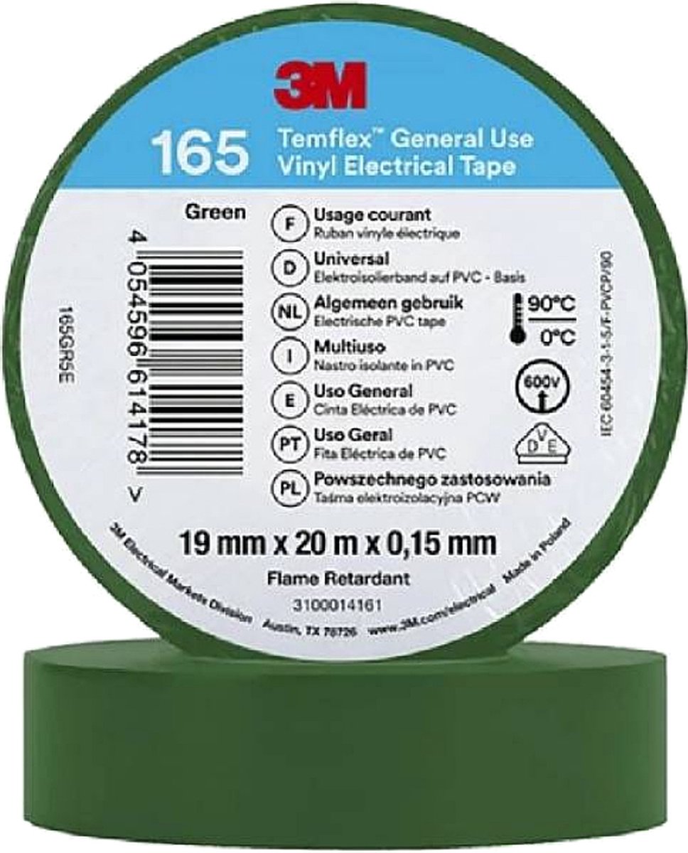 3M Isolatie Tape - 19mm breed - 0,152mm dik - 20 meter - Groen