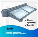 Grijs pluizenfilter met transparante panelen. "Stevig, Fijnmazig, Degelijk"