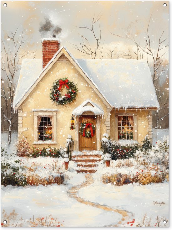 Tuinposter 90x120 cm - Tuindecoratie Kerst - Huis - Winter - Sneeuw - Poster voor in de tuin - Buiten decoratie - Schutting tuinschilderij - Tuindoek muurdecoratie - Wanddecoratie balkondoek