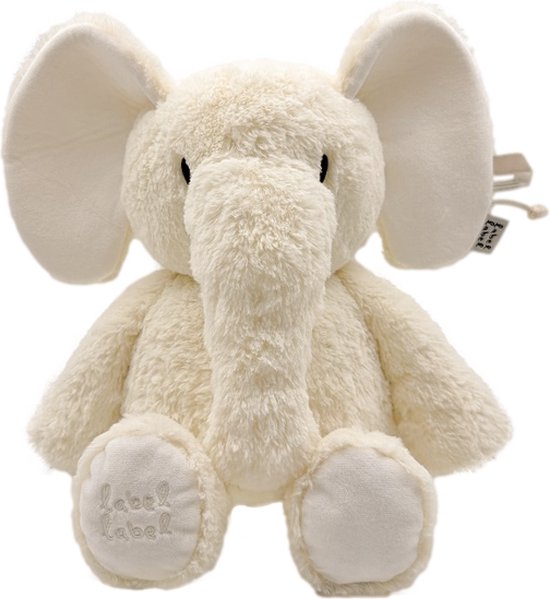 Witte olifant knuffel van Label Label, van voren gezien, met 'label label' op de poten.