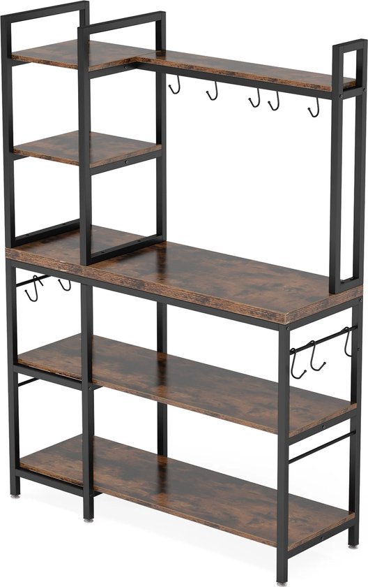 Bruine houten rek met zwarte metalen frame, 5 niveaus met haken.