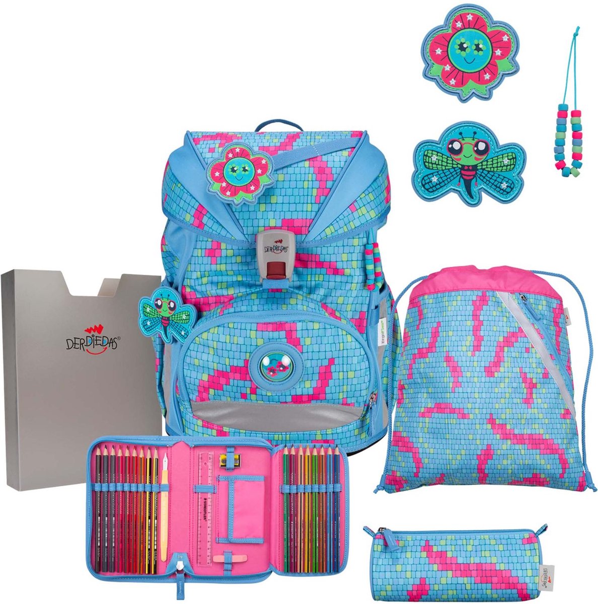 DerDieDas Schooltas ErgoFlex Superlight Schulranzenset 5-delig Happy Pixel Lichtblauw