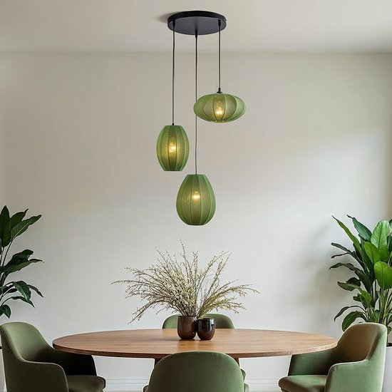 Suspension japandi 3 lumières avec lanternes en tissu vert - Fabrica