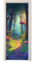Deurposter 90x215 cm - Deursticker Paddenstoelen - Bos - Natuur - Pad - Meubelfolie zelfklevend - Deurfolie woonkamer - Interieurfolie kinderkamer - Kamer decoratie accessoires - Deurbehang sticker kinderen