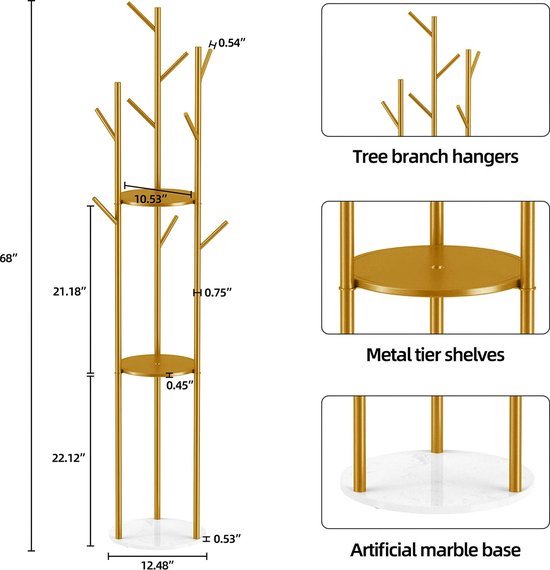 Smlttel Gouden kledingrek met planken, gouden kapstok vrijstaand met marmeren basis, kleerhanger rek, hoedenboom kapstok staande kledingrekken voor boetiek, slaapkamer