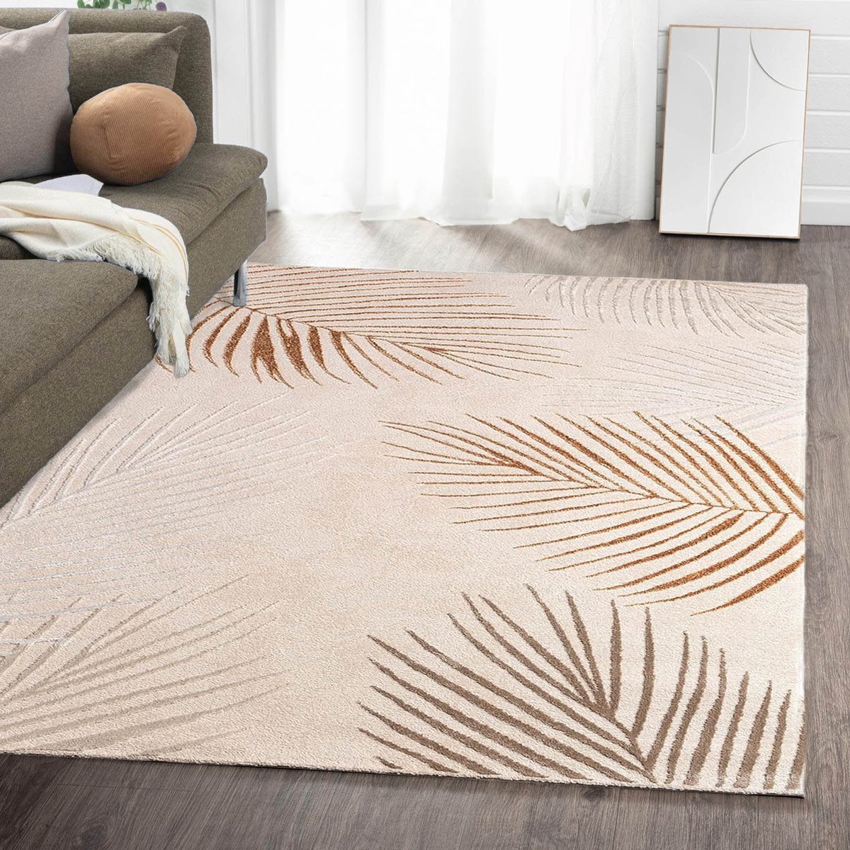 Flycarpets Evora Leaves Modern Vloerkleed Beige / Crème / Terra – Laagpolig Tapijt Woonkamer – 240x340 cm