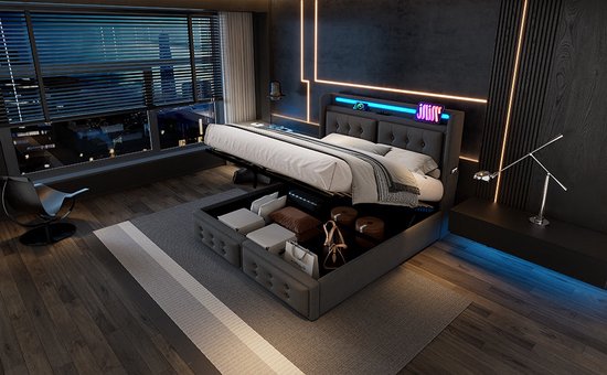 Lit double Merax 160x200 cm avec tête de lit LED et fonction de charge USB-C - Lit hydraulique avec sommier à lattes et espace de rangement - Matelas inclus - Grijs