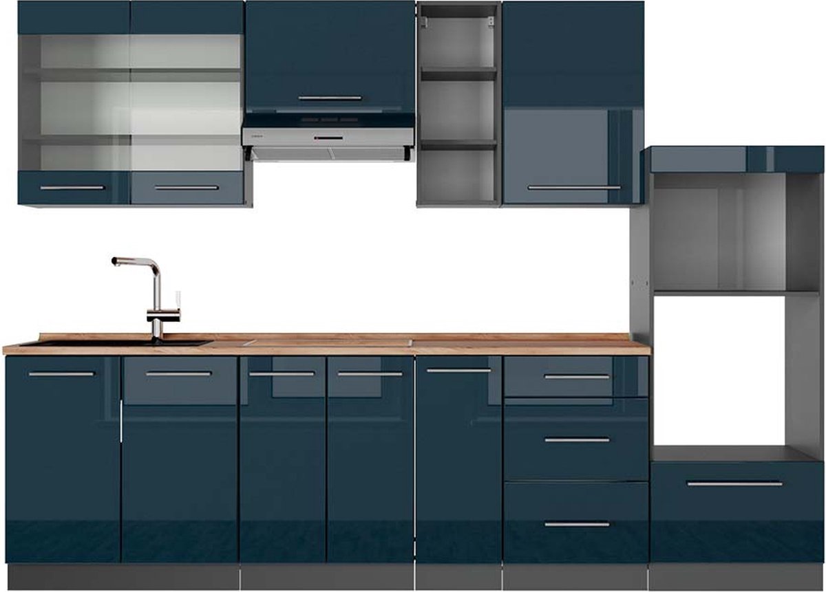Vicco Fame-Line Complete keukeneenheid – 280 cm, WB Eik Donkerblauw hoogglans/antraciet