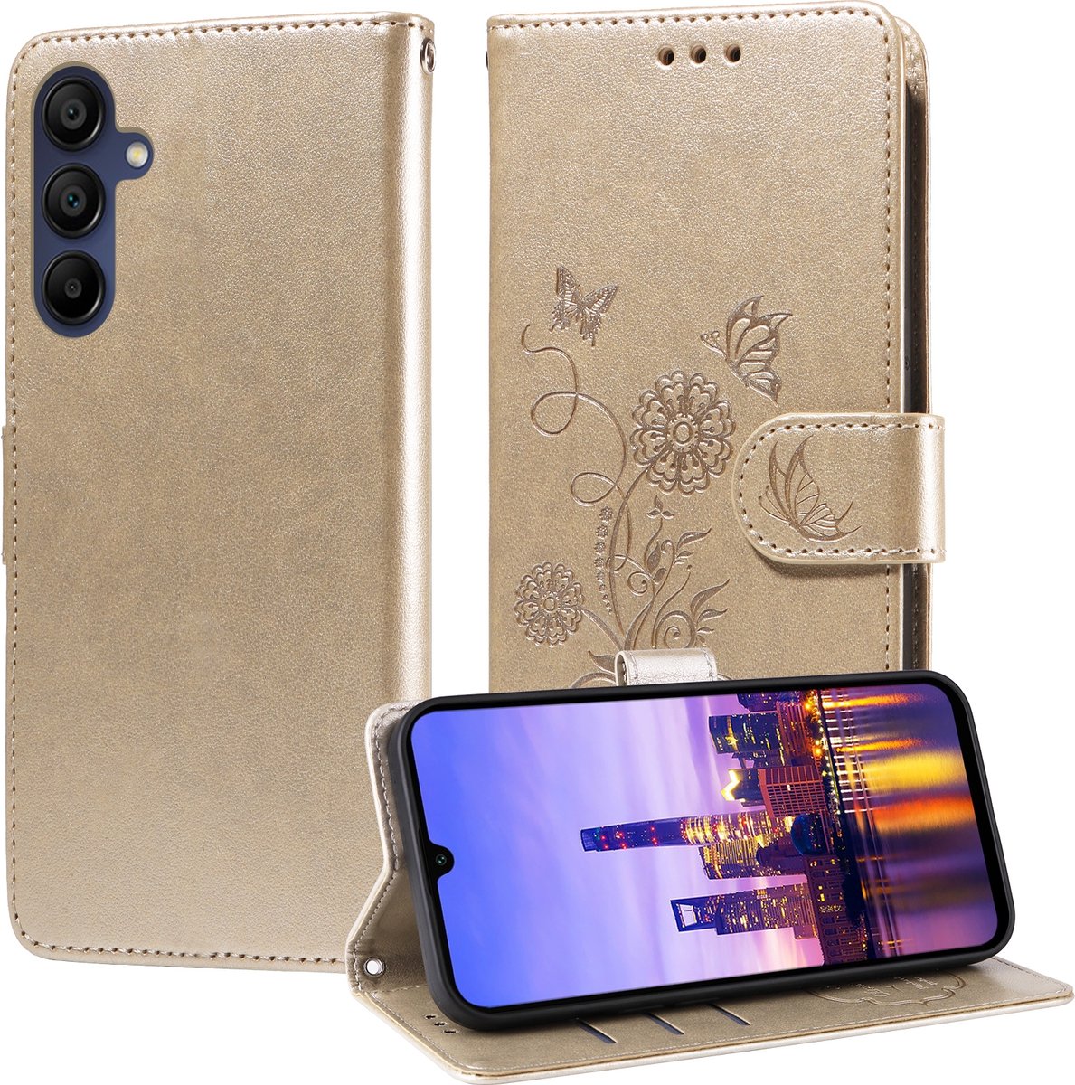 Mobigear Telefoonhoesje geschikt voor Samsung Galaxy A16 Hoesje | Mobigear Flowers Bookcase Portemonnee | Pasjeshouder voor 3 Pasjes | Telefoonhoesje voor Pinpas / OV Kaart / Rijbewijs - Goud