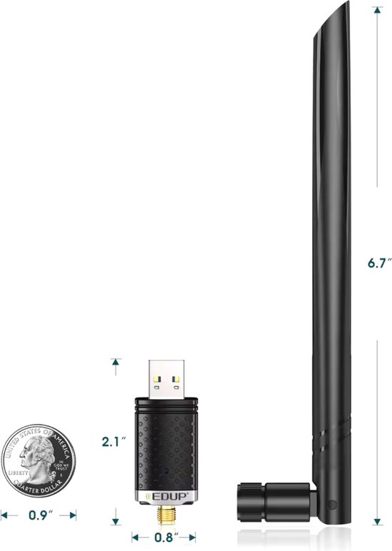 Een zwarte USB wifi-adapter met antenne, 6,7 inch hoog. Afmetingen: 2,1" hoog, 0,8" breed, 0,9" diameter (kwartje).
