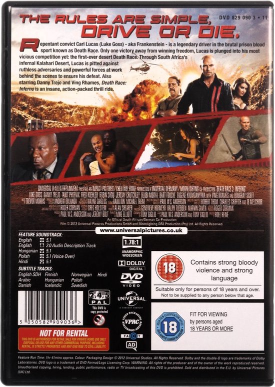 Achterkant van de DVD van Death Race: Inferno. Bevat informatie over de cast, cast en speciale kenmerken. Met een waarschuwing van 18 jaar en ouder.