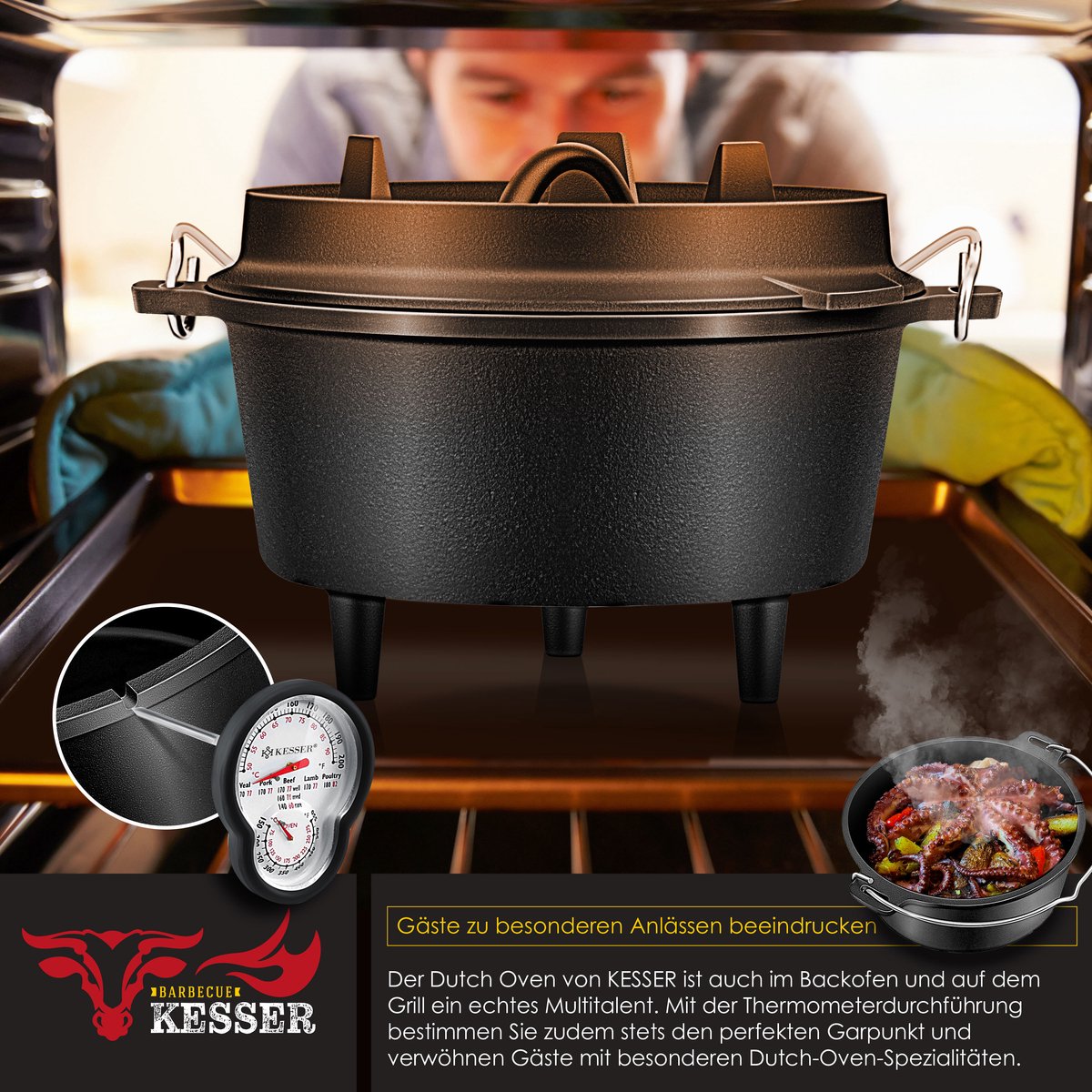KESSER® Pan en fonte avec couvercle pour BBQ extérieur et intérieur - Poêle à barbecue - Poêle à frire pour 8 à 14 personnes 9 litres