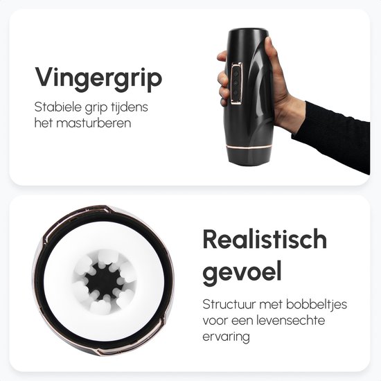 Zwarte masturbator met gouden accenten, vastgehouden door een hand. Close-up van de geribbelde, realistische binnenstructuur.