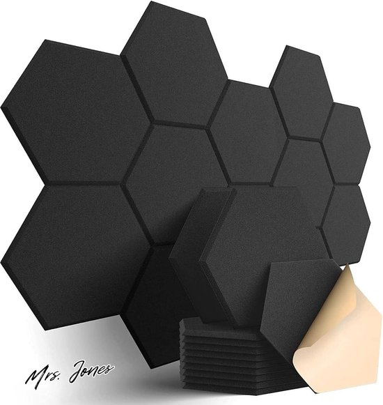 Madame Panneaux acoustiques Jones Hexagon 12 pièces mur insonorisant haute densité plafond-porte-mur décoration traitement mousse acoustique bord biseauté 30x26x09 cm .
