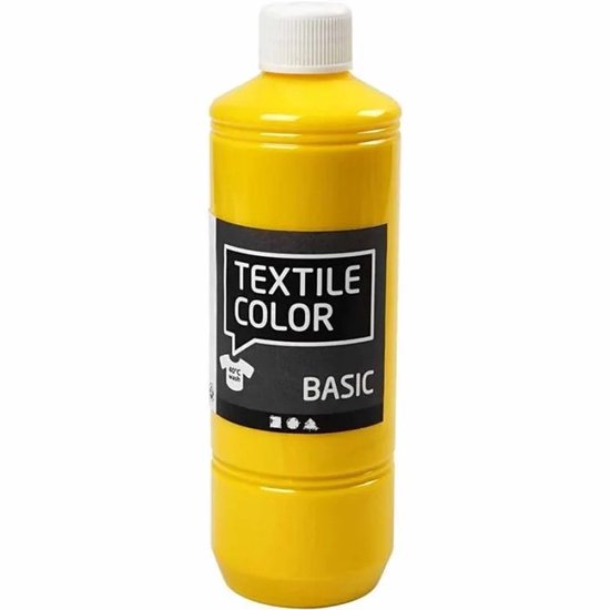Bouteille de peinture textile jaune avec une étiquette noire. Le texte 'TEXTILE COLOR BASIC' est sur l'étiquette.