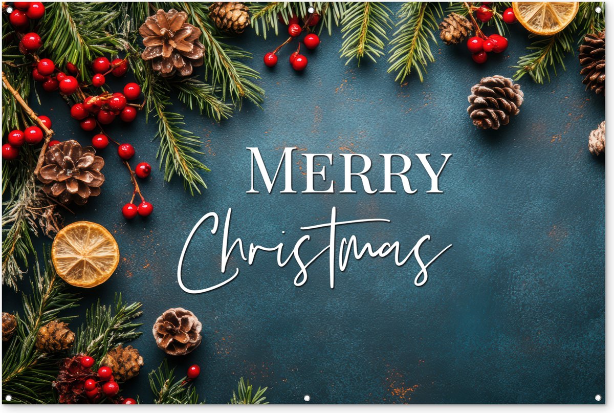 Tuinposter Merry Christmas in blauw, 180x120 cm, voor buiten decoratie. Kerst- en winterthema voor tuin- en schuttingdecor.