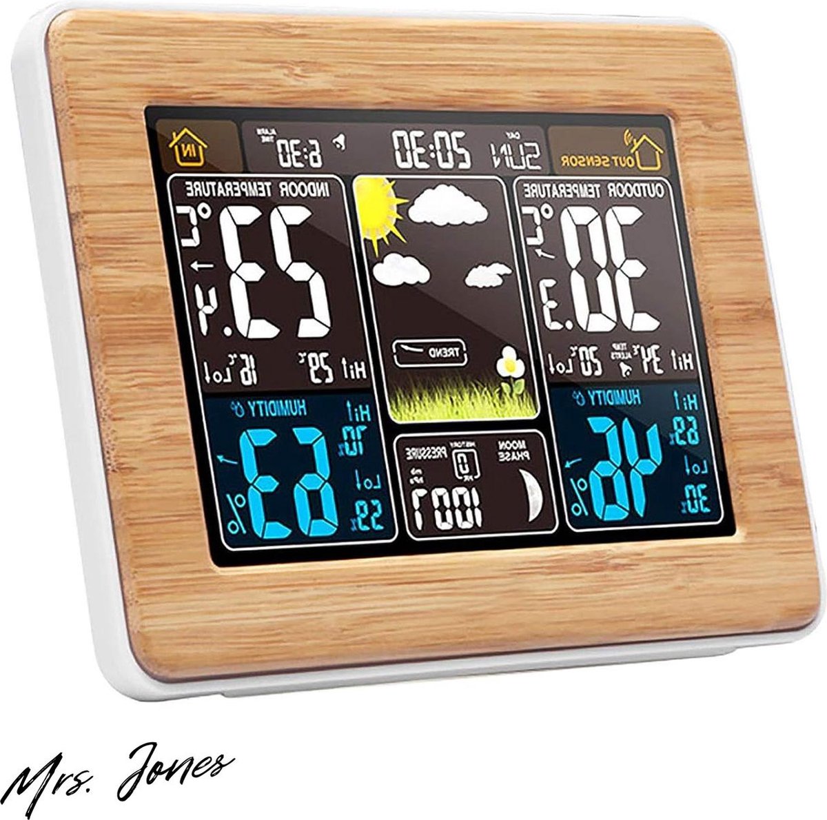 Mrs. Jones Draadloos weerstation buitensensor DCF-radioklok digitaal kleurendisplay weersvoorspelling temperatuur luchtvochtigheidsalarm binnen .